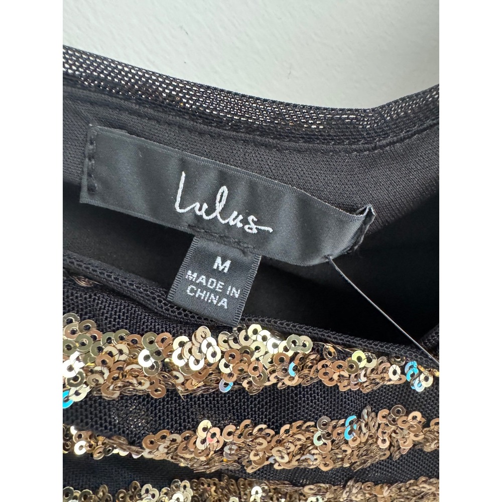 Lulus Gold Black Sequin One Shoulder Midi Dress Stripe Long Sleeve M NEW - Picture 10 of 16